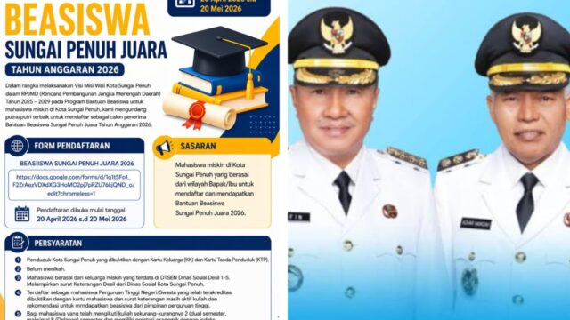 Kabar Gembira, “Pendaftaran Program Beasiswa Sungai Penuh Juara 2026 Resmi Dibuka”.