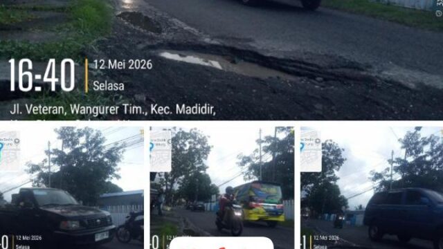 Akibat Lambannya Penanganan Perbaikan Jalan yang Berlubang atau Kerusakan Jalan di Girian Bawah, Warga Berencana Menanam Batang Pohon Pisang.